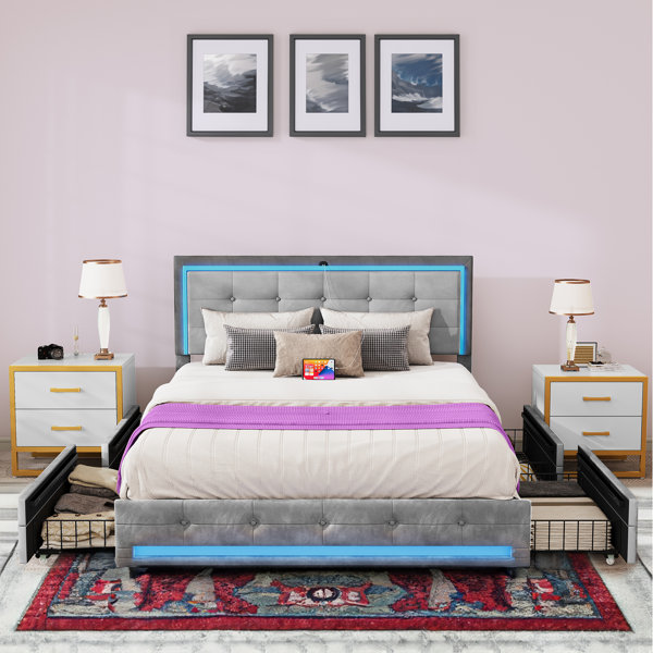 Brayden Studio Queen Upholstered Storage Bed With Lighted Headboard